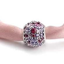 925 пробы паве огни Серебряный Шарм полный разноцветных CZ Шарм подходит браслет DIY круглые серебряные бусы для женщин