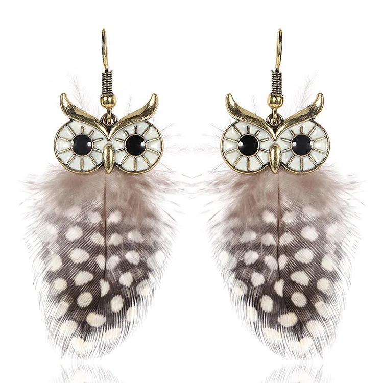 

A Bohemia Style Ethnic Feather Earring Cute Owl Shape dangle drop earring for women Fashion boho jewelry accessories