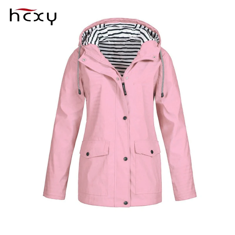 HCXY Autumn Womens Rain Coat Waterproof Raincoat Solid Color Outdoor Hooded Outerwear Coats Plus Size