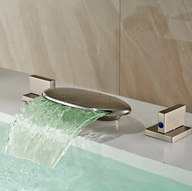 Bathroom LED 3 Colors Waterfall 3pcs Basin Mixer Faucet Deck Mounted LED Widespread Brushed Nickel Basin