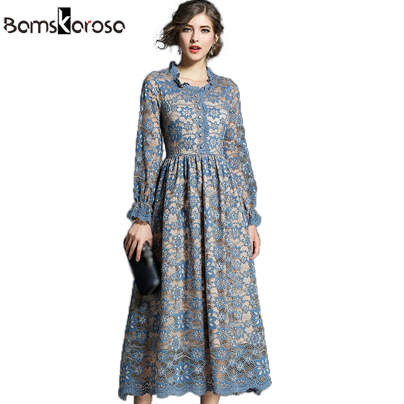 Осеннее платье зимние женские кружевные Длинные платья Женская одежда женская синяя с длинным рукавом Ретро богемные вечерние платья