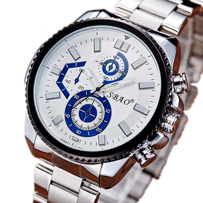 Sbao Watch Men Sport Water Resist Steel Strap Decorative Small Dial