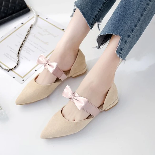 Boussac Pink Bowtie Flats Shoes Women Mixed Colors Mary-Janes Shoes Women Sexy Pointed Toe Women Flats SWA0288