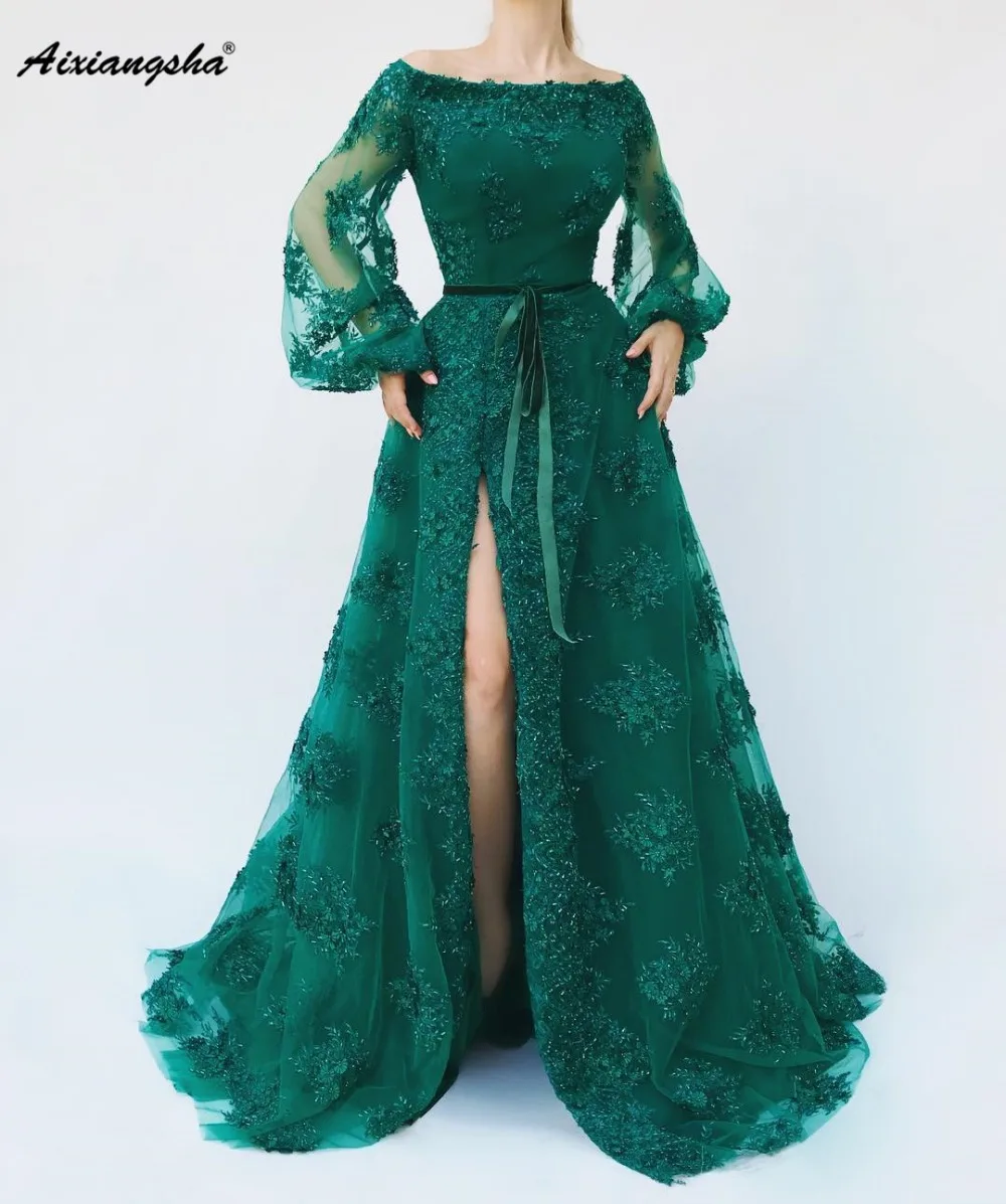2019 Новое зеленое вечернее платье, Прозрачное платье трапециевидной формы с открытыми плечами, с рукавами, с бисером, кружевное длинное