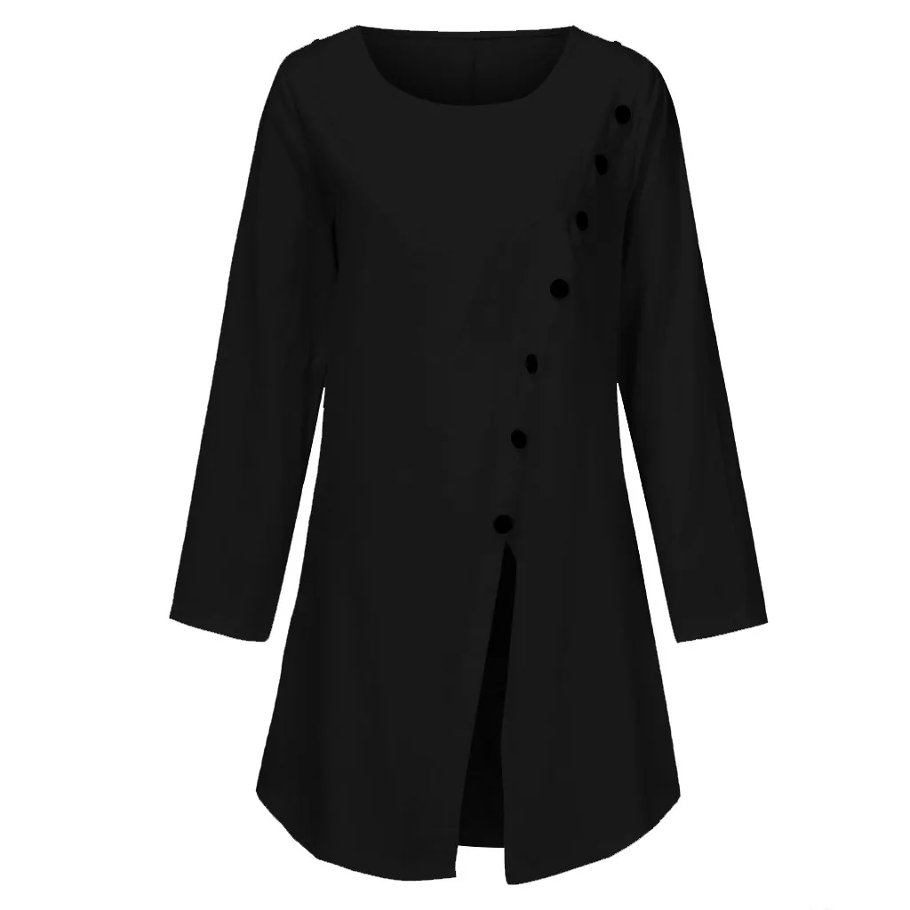 Женская блузка большого размера с длинным рукавом, свободная блузка на пуговицах, однотонная туника с круглым вырезом, рубашка размера плюс, хлопковые асимметричные топы# G10 - Цвет: 1