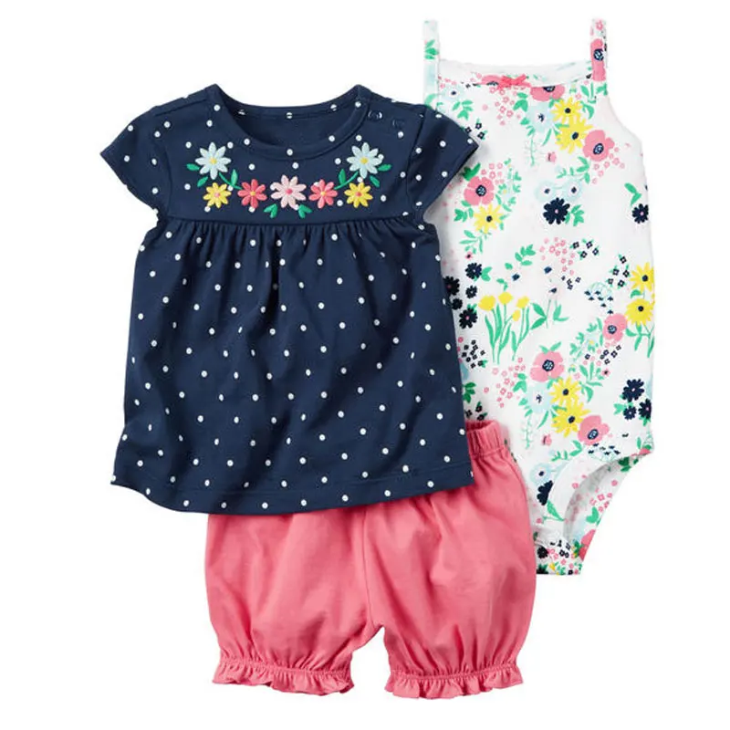 Infant Toddler Set Baby Girls Clothing Flower Print Top Cute Children Kids Baby Girls Clothes Sets T-Shirt +Shorts+Bodysuit 3PC