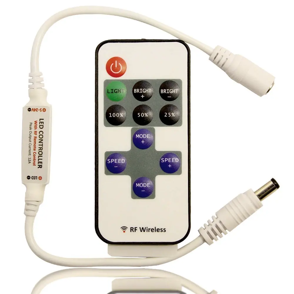 

DC 5V-24V 12A LED Dimmer Controller Kit - Inline Mini LED Controller, 11-key RF Wireless Remote for Dimmable LED Products