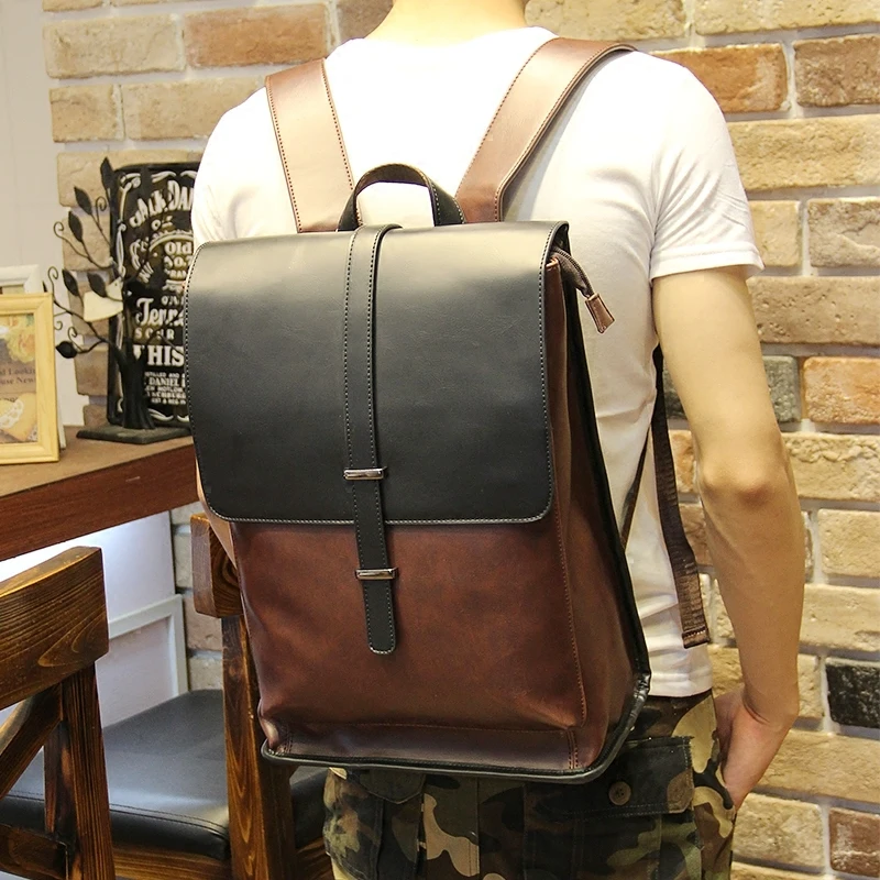 New men crazy horse pu leather backpack high quality men&#39;s travel bags preppy style men school ...