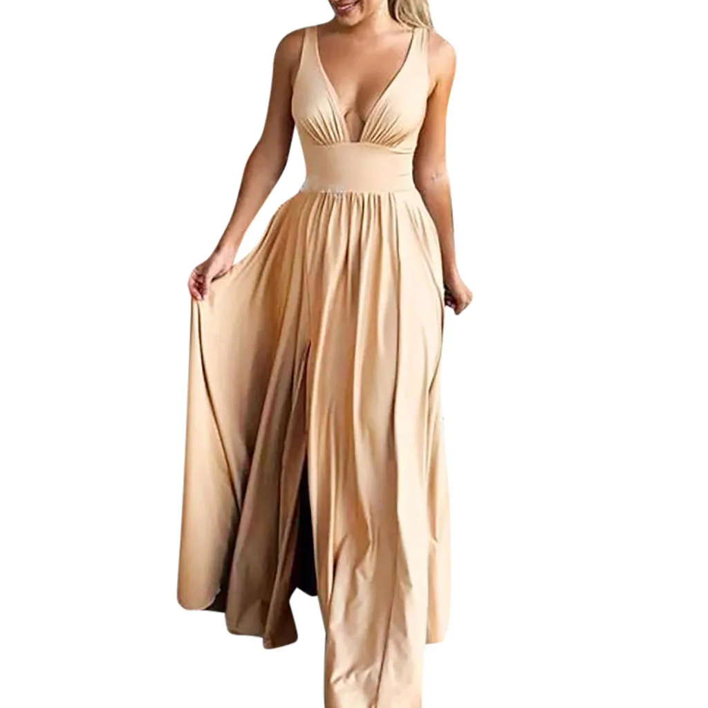 Summer Solid Maxi Dresses Woman Party Night Womens Sexy Sleeveless Deep V-neck Split Elegent Bridesmaid Party Dress #B Summer Solid Maxi Dresses Woman Party Night Womens Sexy Sleeveless Deep V-neck Split Elegent Bridesmaid Party Dress #B