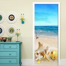 Home Decor 3D Door Sticker Beach Conch Sea View Wallpaper Living Room Bedroom Kitchen Waterproof Vinyl Door Mural Door Stickers