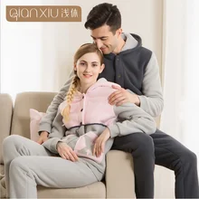 Зимняя Домашняя одежда, повседневные пижамные комплекты для пар, Женский хлопковый Пижамный костюм с капюшоном и воротником, женское лоскутное пальто+ штаны