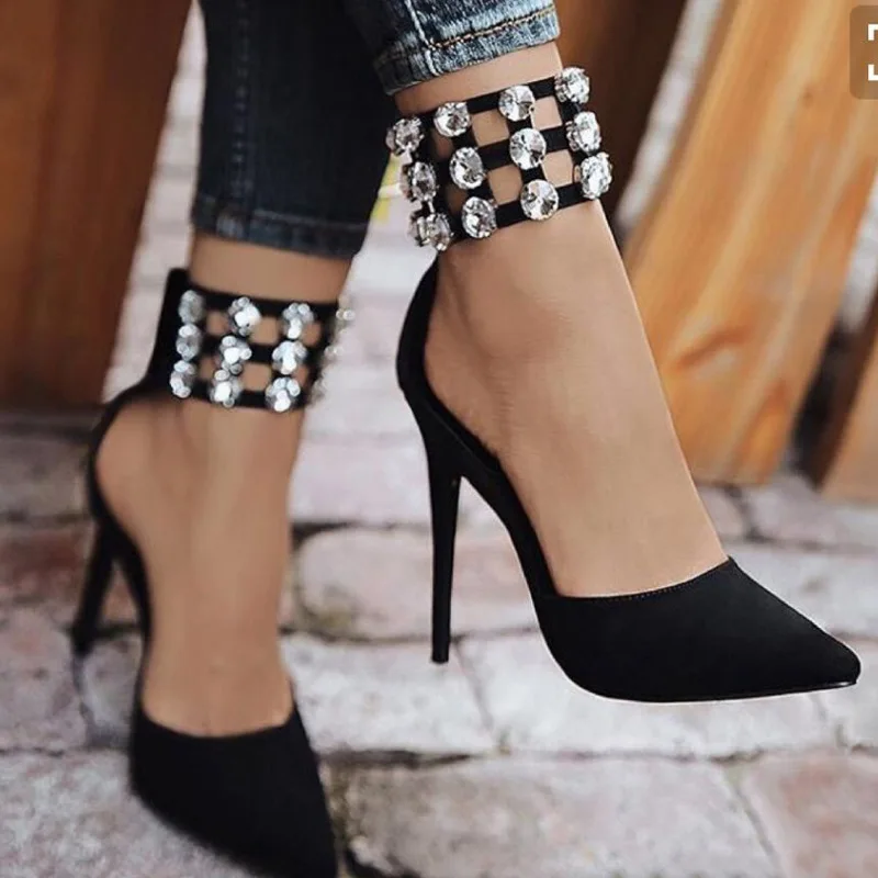 

Flock Crystal Women Pumps Fashion Zipper Pointed Toe High Heels Lady Shoes Thin Heels Chaussure Femme Talon