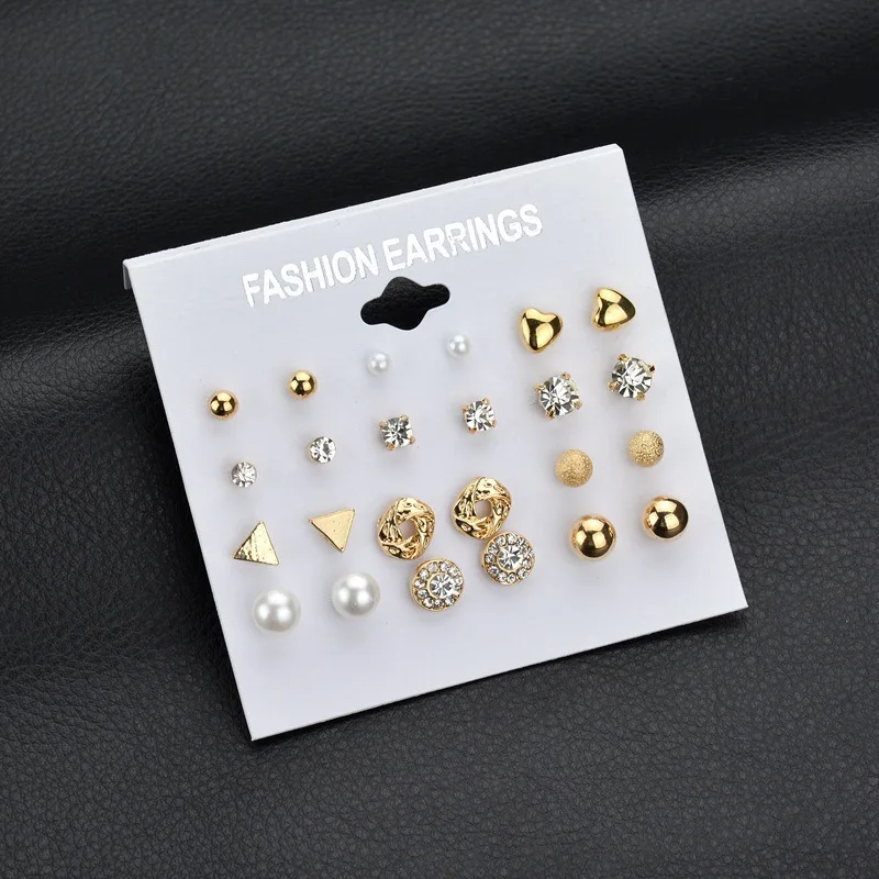 

SexeMara Korea Style 12 Pairs Sets Round Square Ball Alloy Crystal Stud Pearl Earrings For Women Hot-selling Cute Stud Earring