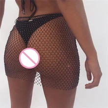 Пляжная сетчатая мини-юбка, стразы, с вырезами, с поясом, сексуальные юбки для женщин, летняя пляжная клетчатая короткая юбка