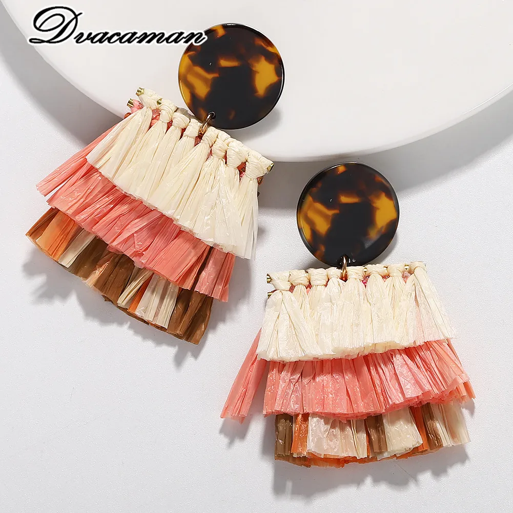 

Dvacaman Handmade Multilayer Raffia Drop Earrings for Women Bohemian Design Resin Dangle Earrings Statement Trendy Party Jewelry