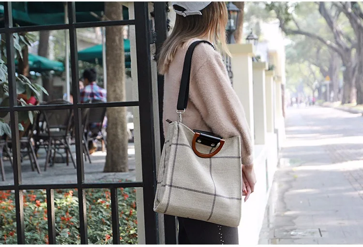 MJ Women Plaid Canvas Tote Casual Beach Bags Big Capacity Women Shopping Bag Daily Use Canvas Handbag Cotton Linen Shoulder Bag (12)
