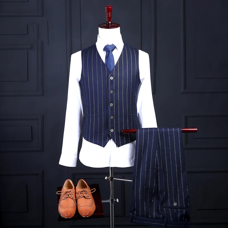Men Double Breasted Tailored Suit Slim Fit Custom Made Pinstripe Navy Blue Wedding Suits For Men|blue wedding suit|tailored suitwedding suit |