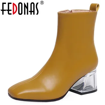 

FEDONAS Quality Genuine Leather Women Ankle Boots High Heels Square Toe Short Boots Elegant Chelsea Boots Party Shoes Woman