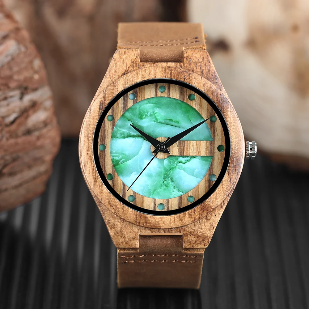 Natural Bamboo Wood Wrist Watch Special Marble Dial Bangle Quartz Watches Genuine Leather Watch Strap Men Women Clock Relogio (7)