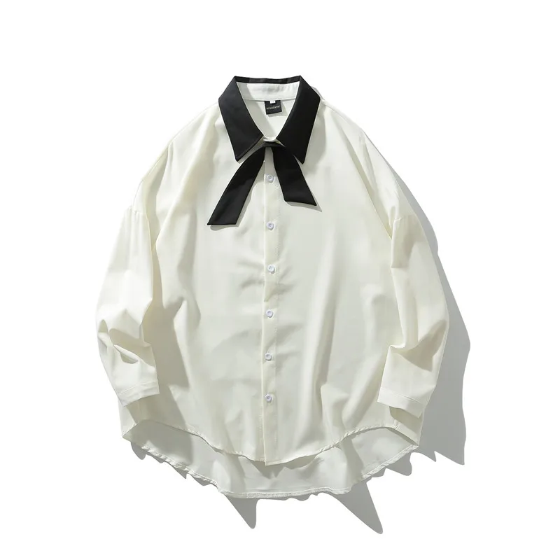 Модная дизайнерская Корейская одежда, осенняя мужская простая черно-белая рубашка с галстуком-бабочкой и длинными рукавами, уличная Мужская Повседневная рубашка большого размера