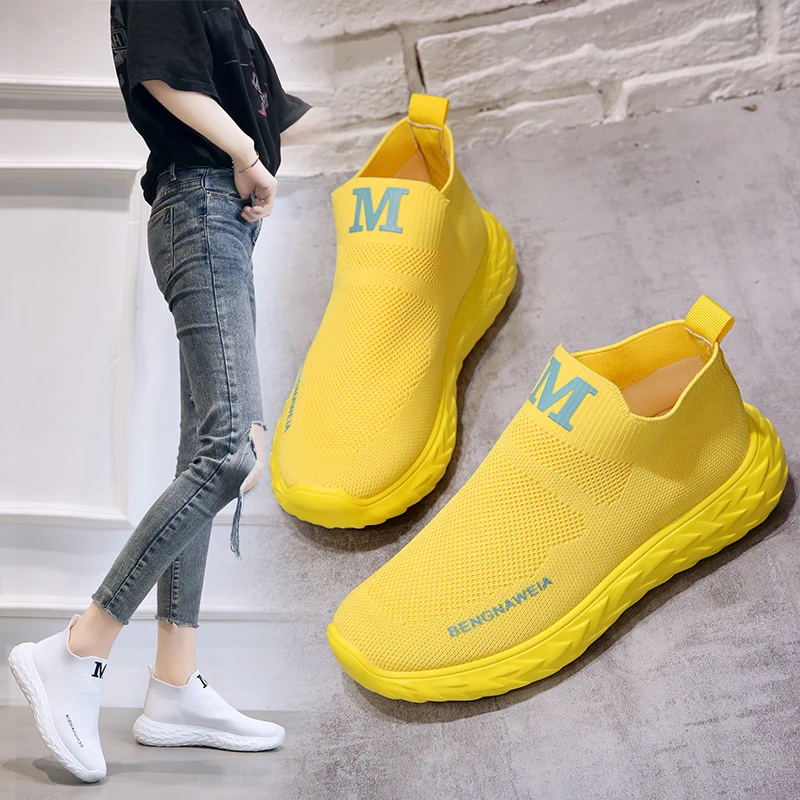

SUOVEKGO New Arrival Breathable Comfortable Sock Shoes Middle Top Women Sneakers Bear Bottom Thick Lady Footwear Yellow Shoes