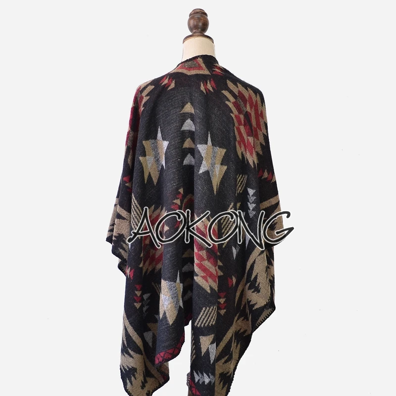 Модная Ограниченная серия, черное акриловое пончо для взрослых женщин, накидка с геометрическим рисунком, в этническом стиле ацтеков, пончо, шали, накидки