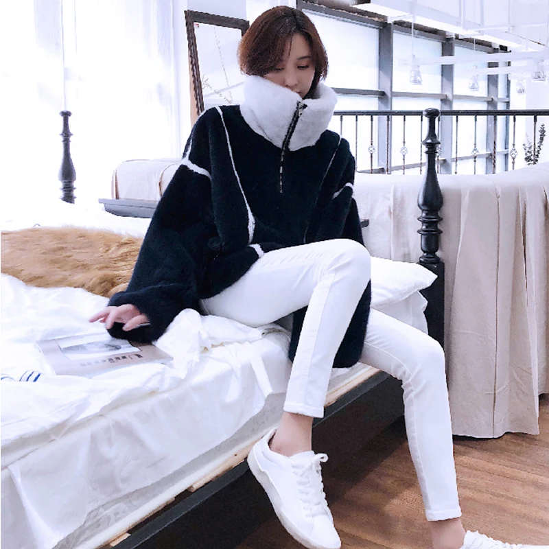 Lvchi 2019 À Manteau Réel Manches Mandarin Fourrure Noir Manteaux Lignes Col De D'hiver Vison Femmes Nouvelle Longues Hiver Veste Court vrq5Rwv8