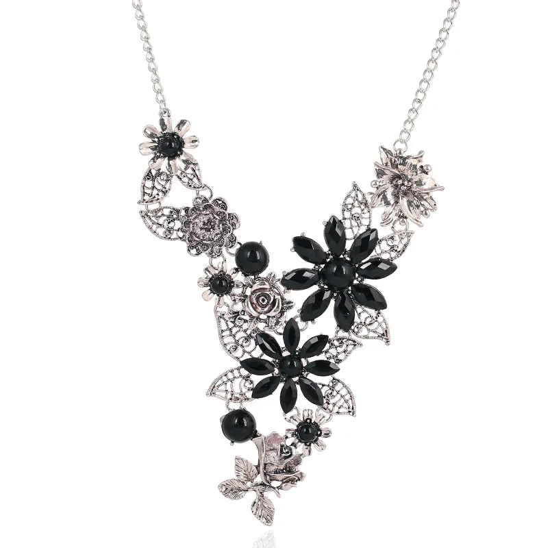 

LZHLQ Women Cute Sweater Necklaces Plated Metal Hollow Flower Necklace Trendy Rhinestone Pendant Collar Jewelry Retro Accessory