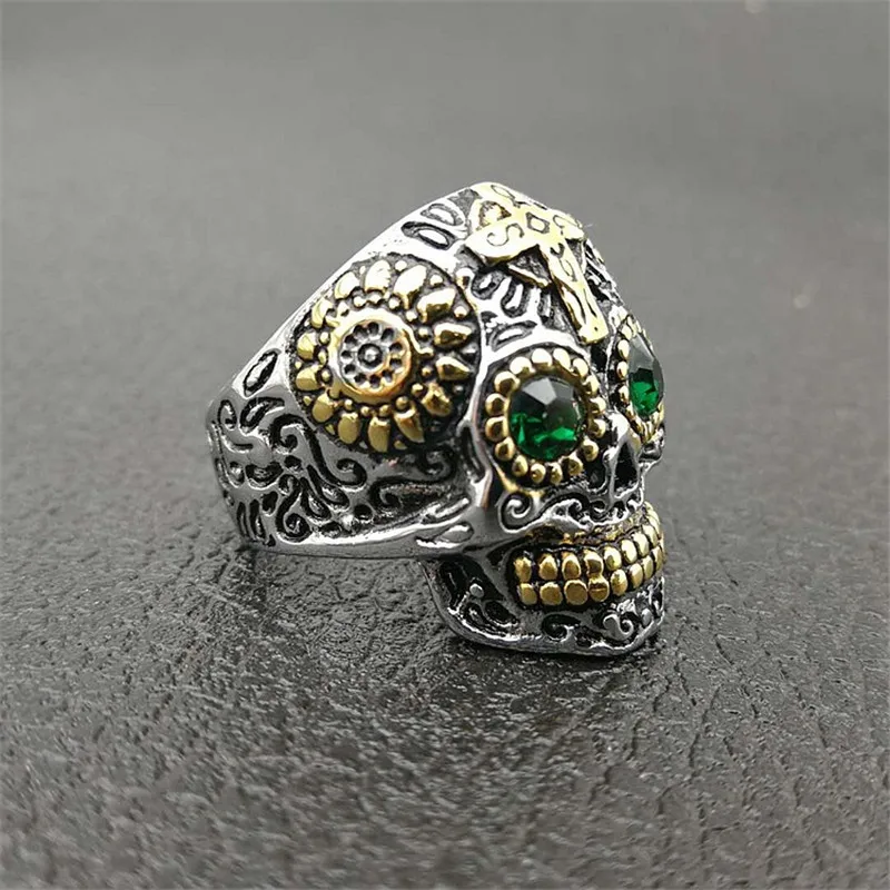 

Tibetan carving green eyes skull rings Stainless Steel biker Hip Hop Punk Rock Male halloween party supplies Vogue Jewelry G0399