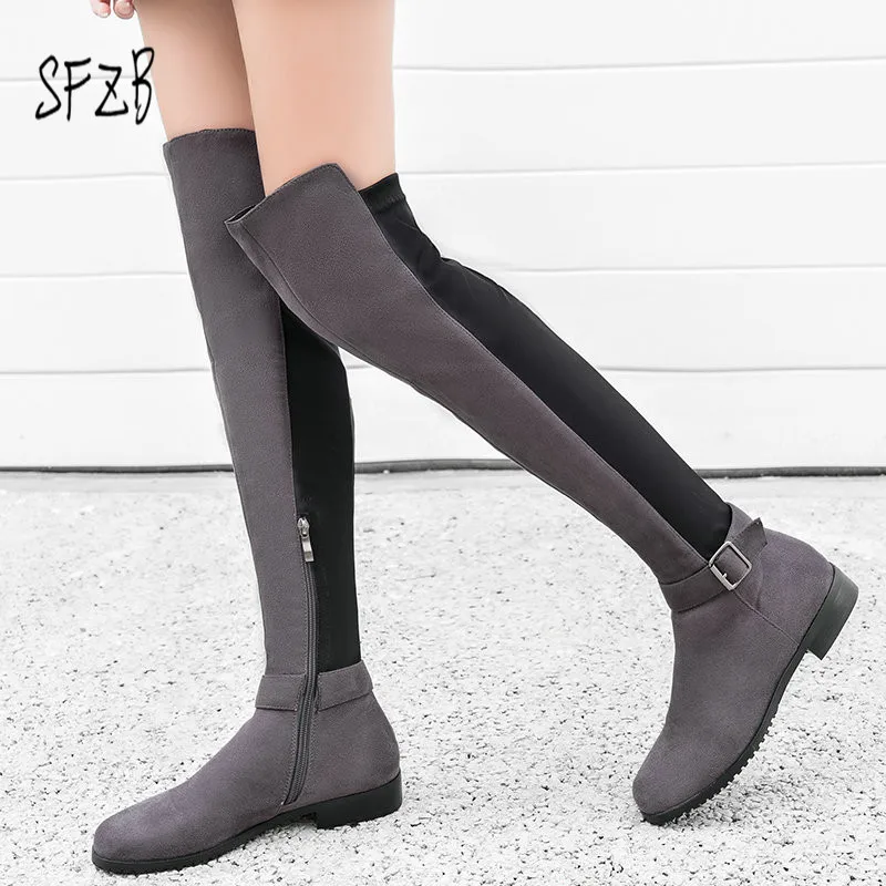

SFZB new concise casual round toe zip knee high boots med hoof heels three colors heel height 2.5 cm big size women shoes