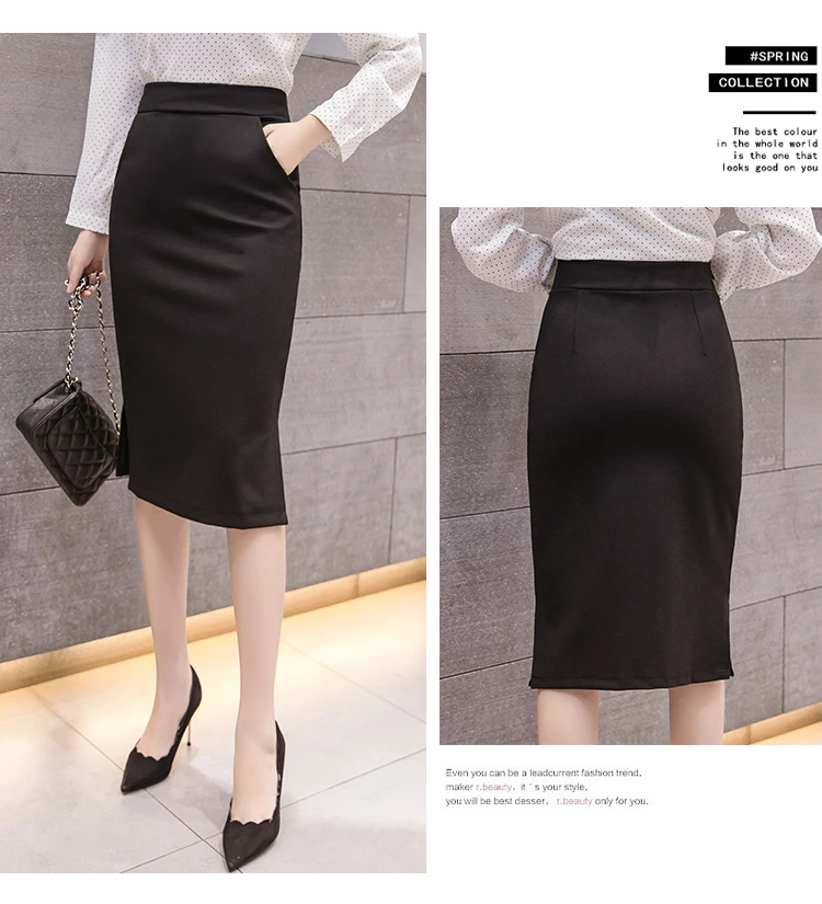 S-5XL Plus Size New Fashion Elegant Women's Midi Pockets Skirt Slim OL Sexy Open Slit Pencil Skirt Knee-Length Office Lady Skirt