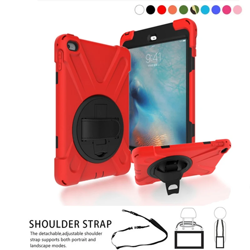 

Case for Apple iPad mini 4 7.9 inch 3-layers Rugged PC+Silicone hard Cover w/360 Swivel Stand holder, Hand Strap & Neck Strap