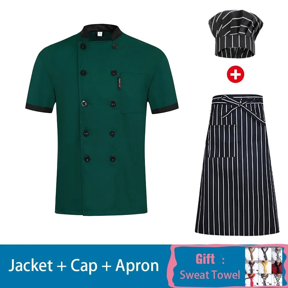 Куртка шеф-повара с короткими рукавами летняя форма шеф-повара рубашка костюмы поваров Ресторан Еда для вызова обслуживания в отелях рабочая одежда свободный шарф подарок - Цвет: Jasper Set 1