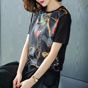 

Spring Summer T-shirt Women Korean Leisure Printing Round Collar Short Sleeve Top Tees Female Ice Hemp Knitted T-shirts H9339