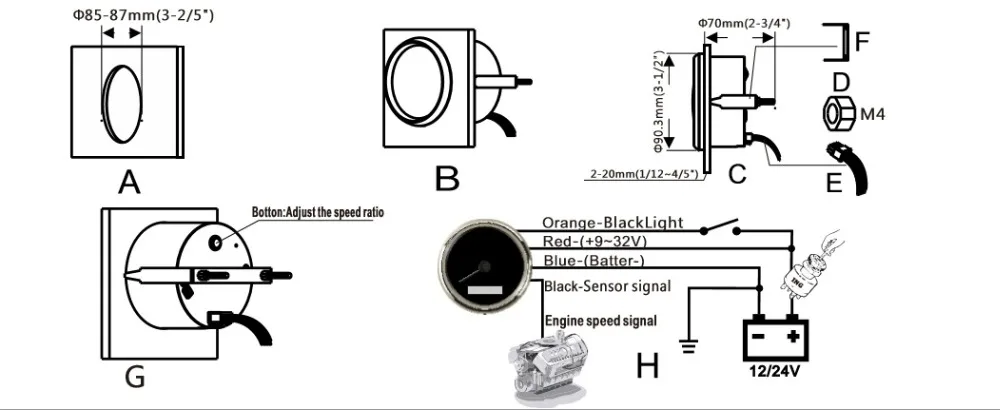 85 mmtachometer 0-3000 об/мин 12 V 24 V с Подсветка