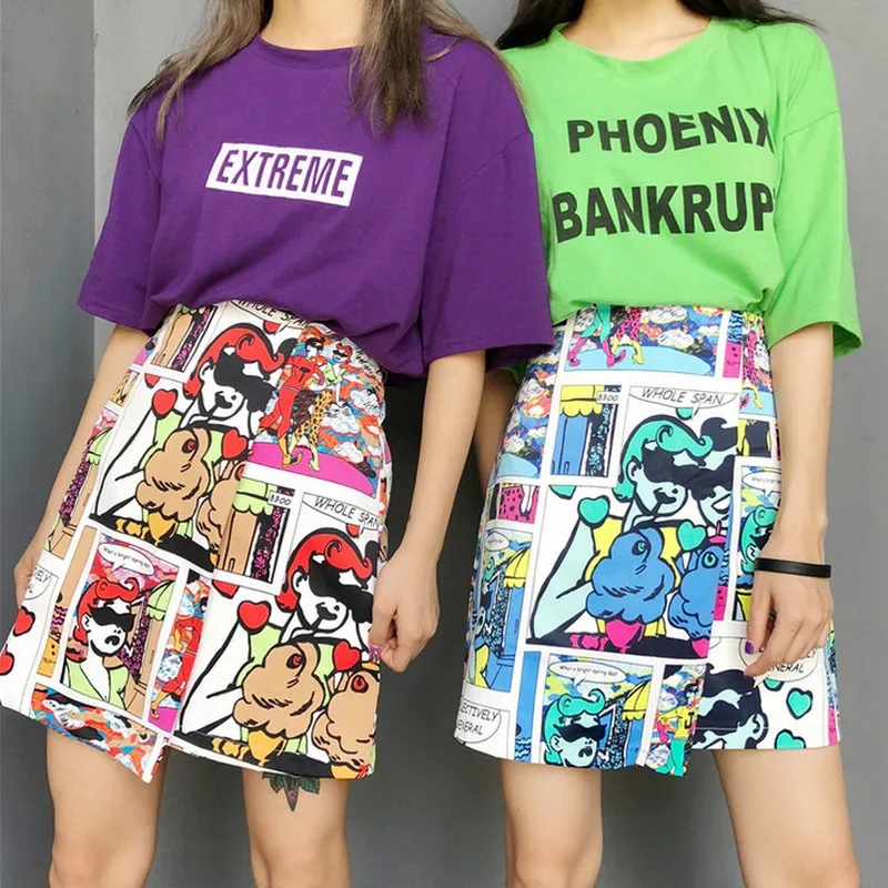 Women Harajuku Style High Waist Skirt Asymmetric A line Cartoon Anime Print Skirt Tide Girl ...