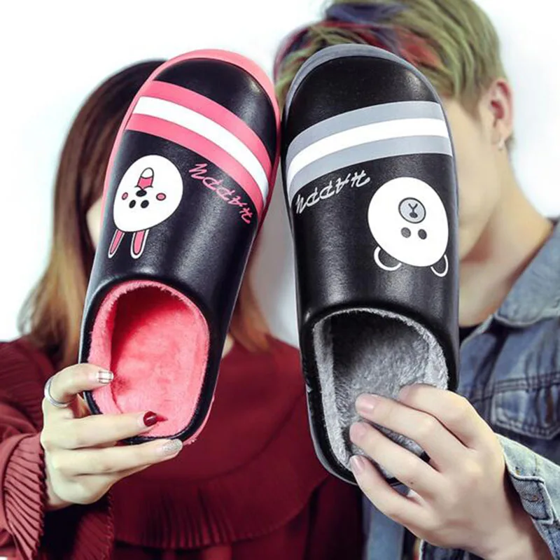 

Fashion Women Short Plush Cartoon Printed Casual Cotton Slippers Rubber Breathable Non-slip PU Leather Winter Warm Fur Slippers