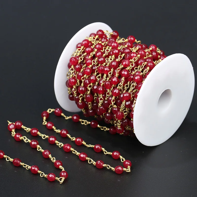 HanKun 6mm Red Faceted Round Beads With Brass Wire Wrapped Rosary Chain For Making Jewelry Stone Bead Necklace | Украшения и