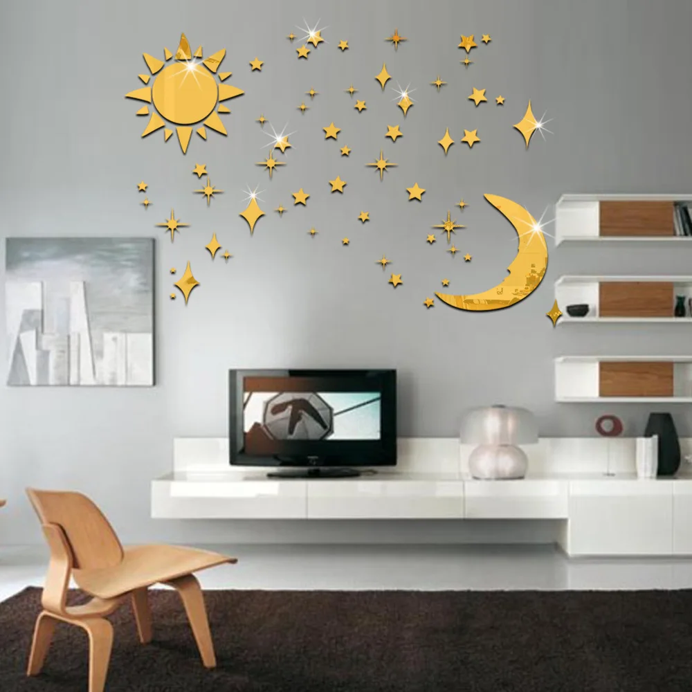 Солнце Луна звезды DIY 3D окружающей среды акриловое зеркало стикер стены для домашнего искусства украшения
