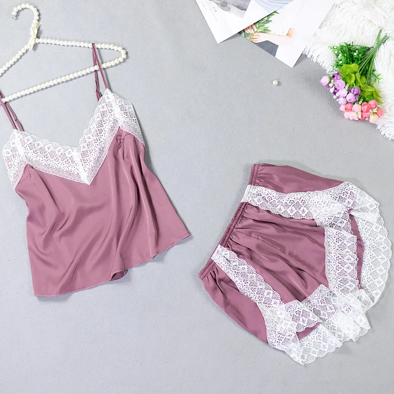 

New ice silk simulation silk pajamas ladies sexy lace vest shorts two-piece silk pajamas suit cool breathable pajamas
