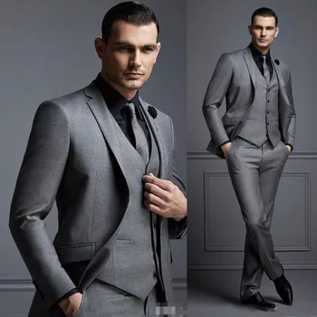 Cena Nowy Szary Garnitur Męski Garnitur Pana Młodego Tanie Elegancki Facet Garnitury Na ślub Najlepsi Mężczyźni Slim Fit Smokingi Dla Pana Młodego Dla Człowieka (kurtka + Kamizelka + Spodnie) Terno