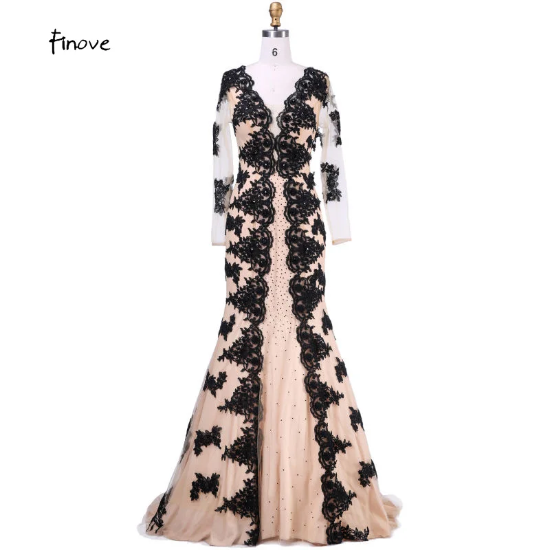 

Long Fitting Prom Dresses New with Douple V Long Sleeve Appliques Stone Black Lace Mermaid Evening Dresses Vestido de Festa