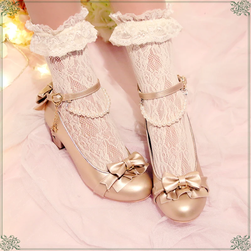 

Cosplay shoes Lolita stars pearl lace Bowknot Princess note girl shoes JK Uniform Lolita High Heel Student Shoes