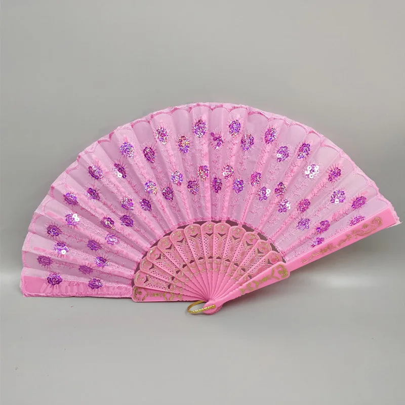 Китайский стиль вышивка резной веер пластиковые кости веер с пайетками реквизит для сцены аксессуары для танцев украшения дома 1 шт - Цвет: Розовый