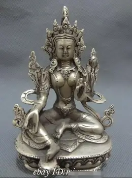 

Tibet Silver Buddhist Joss Protect Lotus Green Tara Buddha Kwan-yin Seat Statue
