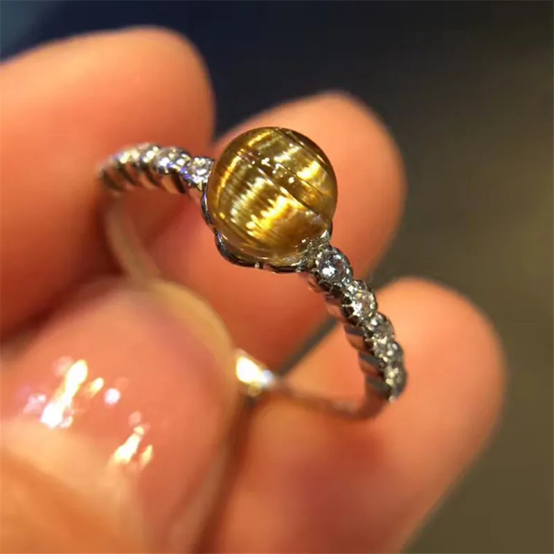 

Adjustable Size 6mm Natural Gold Rutilated Quartz Ring For Woman Man 925 Silver Sterling Metal Crystal Rings AAAAA