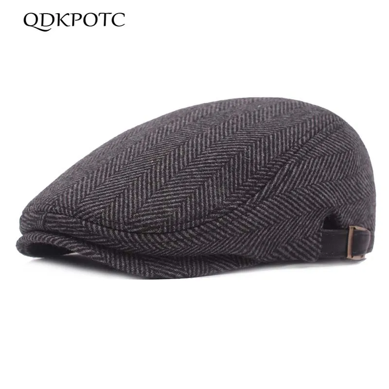 

QDKPOTC Autumn Winter Adjustable Beret Caps Men Outdoor Breathable Bone Brim Hats Herringbone Pattern Solid Hat Flat Berets Cap