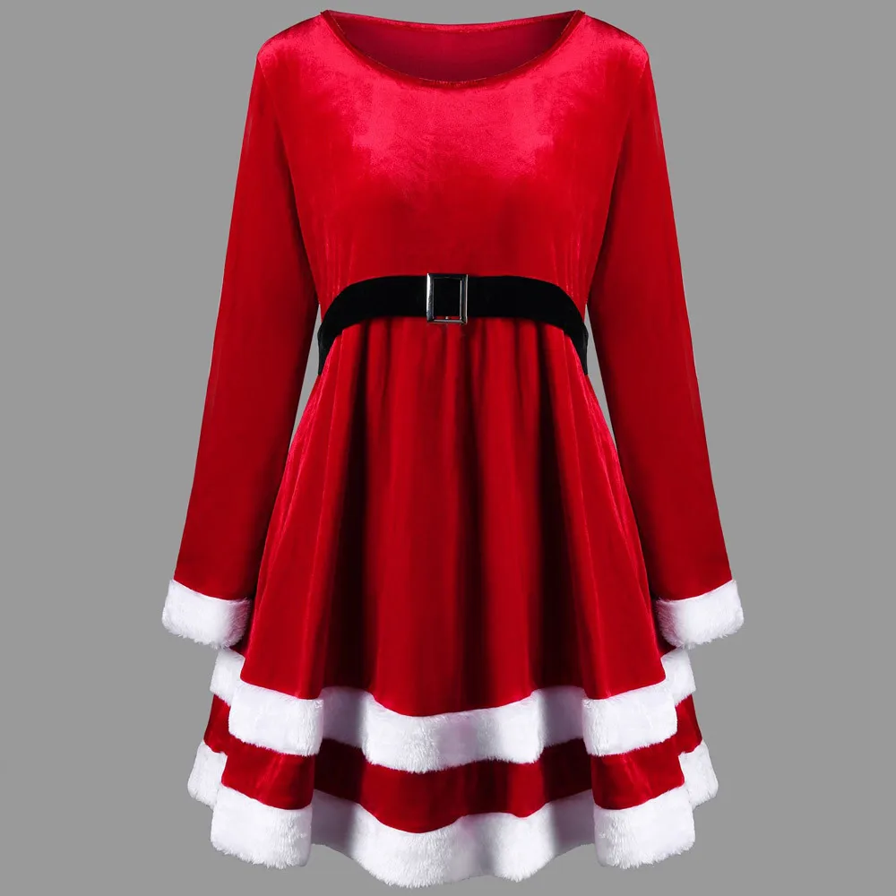 Осенне-зимнее рождественское платье, новогоднее женское повседневное рождественское бархатное красное праздничное платье с длинным рукавом и круглым вырезом