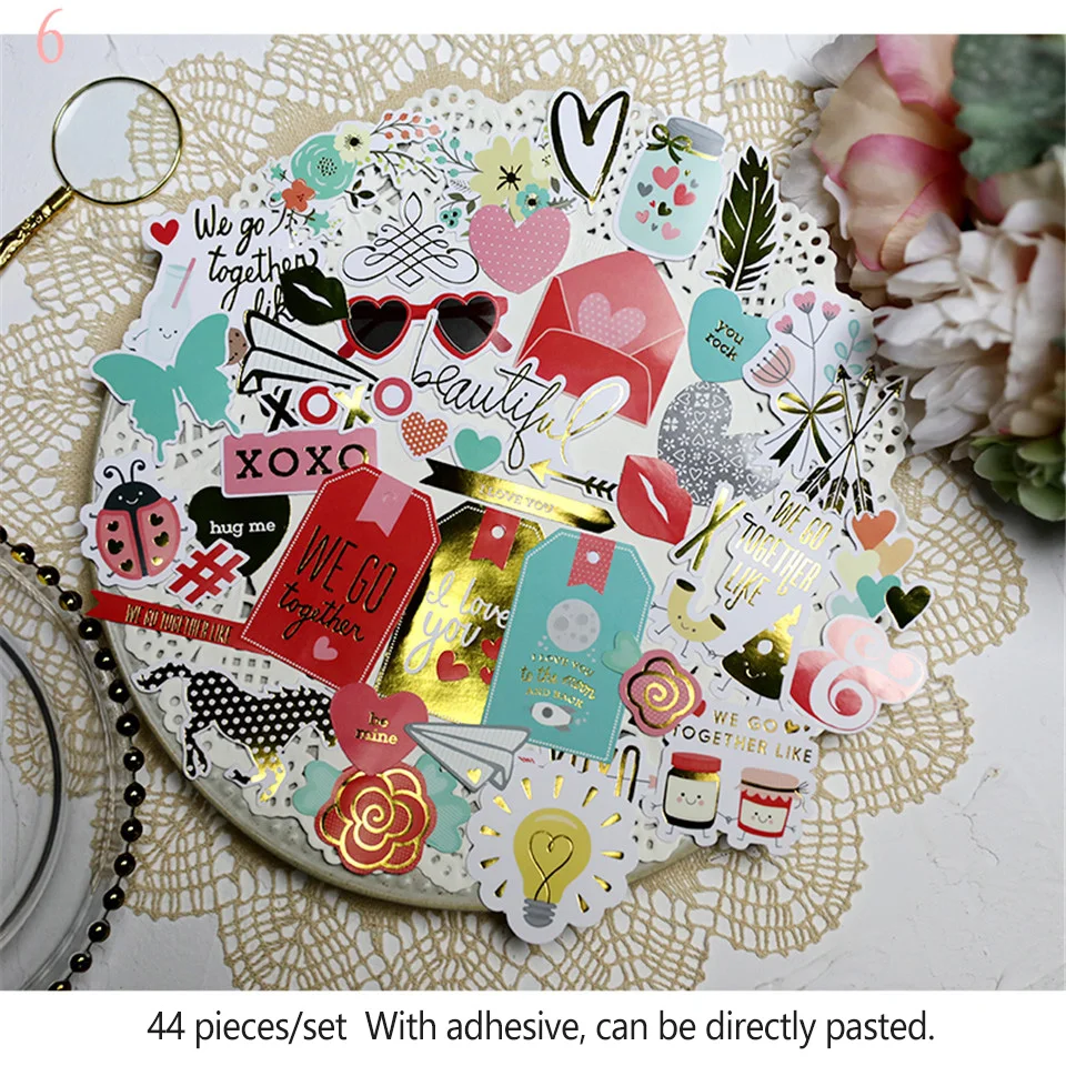 Набор бумажных стикеров в европейском и американском стиле, 44 шт., высечка для рукоделия, скрапбукинг, Золотая фольга, резиновые Стикеры, Набор для изготовления карт S084