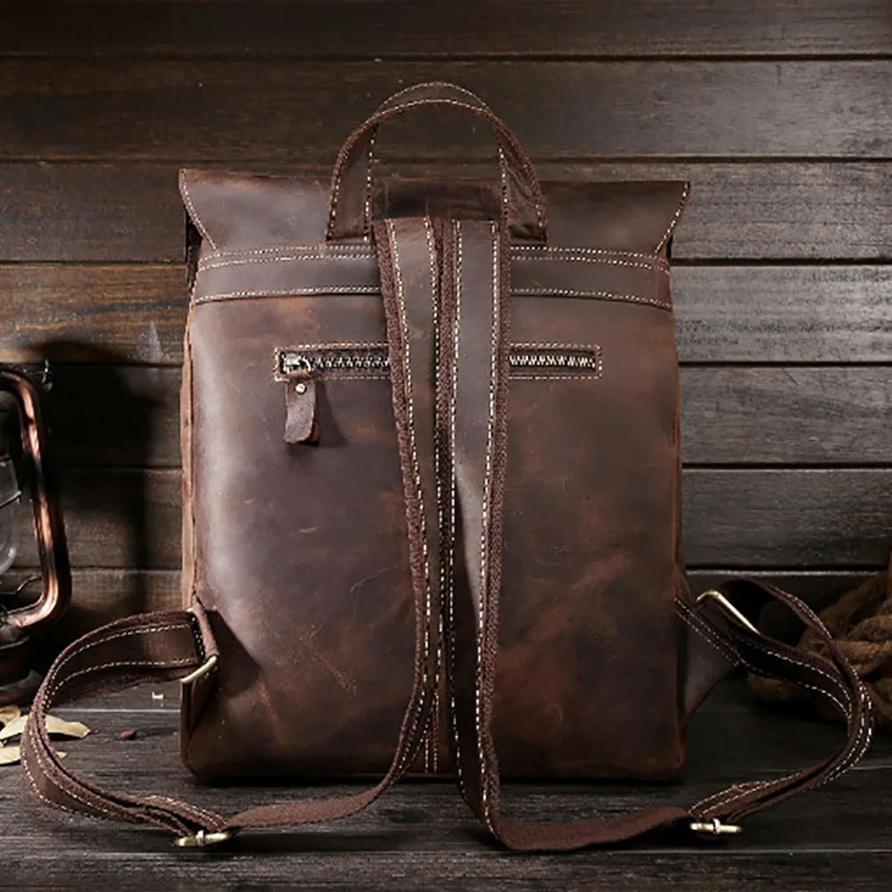  Crazy Horse Cowhide Men Backpack Genuine Leather Vintage Daypack Travel Casual School Book Bags Bra - 32754624478